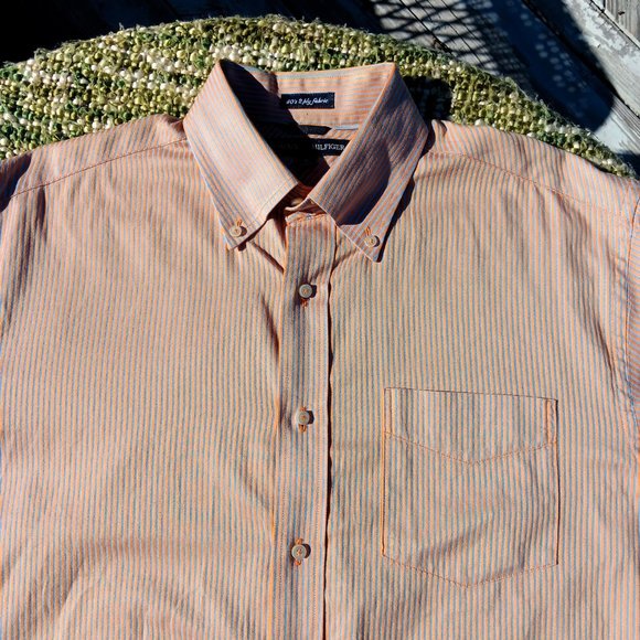 Tommy Hilfiger 80's Two-Ply Cotton Orange/Grey-Blue Striped Button-Down Shirt - Picture 4 of 11